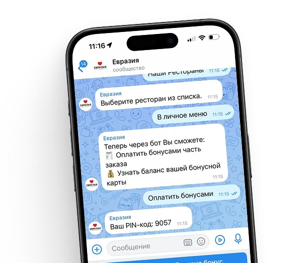 Оплата счёта бонусами в боте Евразия